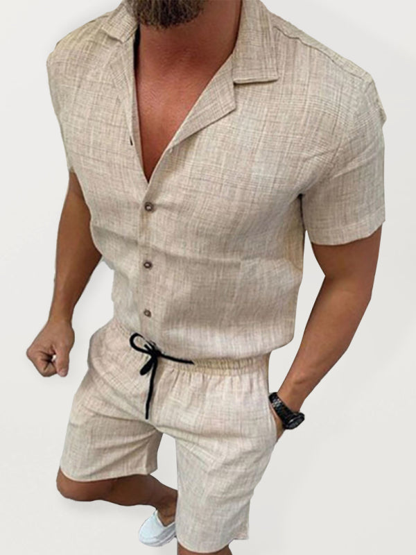 Men's Short-sleeve Linen Button-up Shirt And Matching Shorts Set
