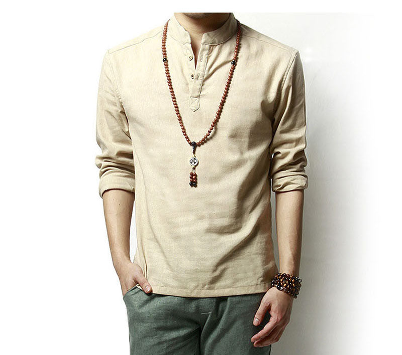 Summer Mens Linen Cotton Green Khaki Blended Shirt Mandarin Collar Breathable Comfy Traditional Chinese Style Popover Henley Shirts For Men