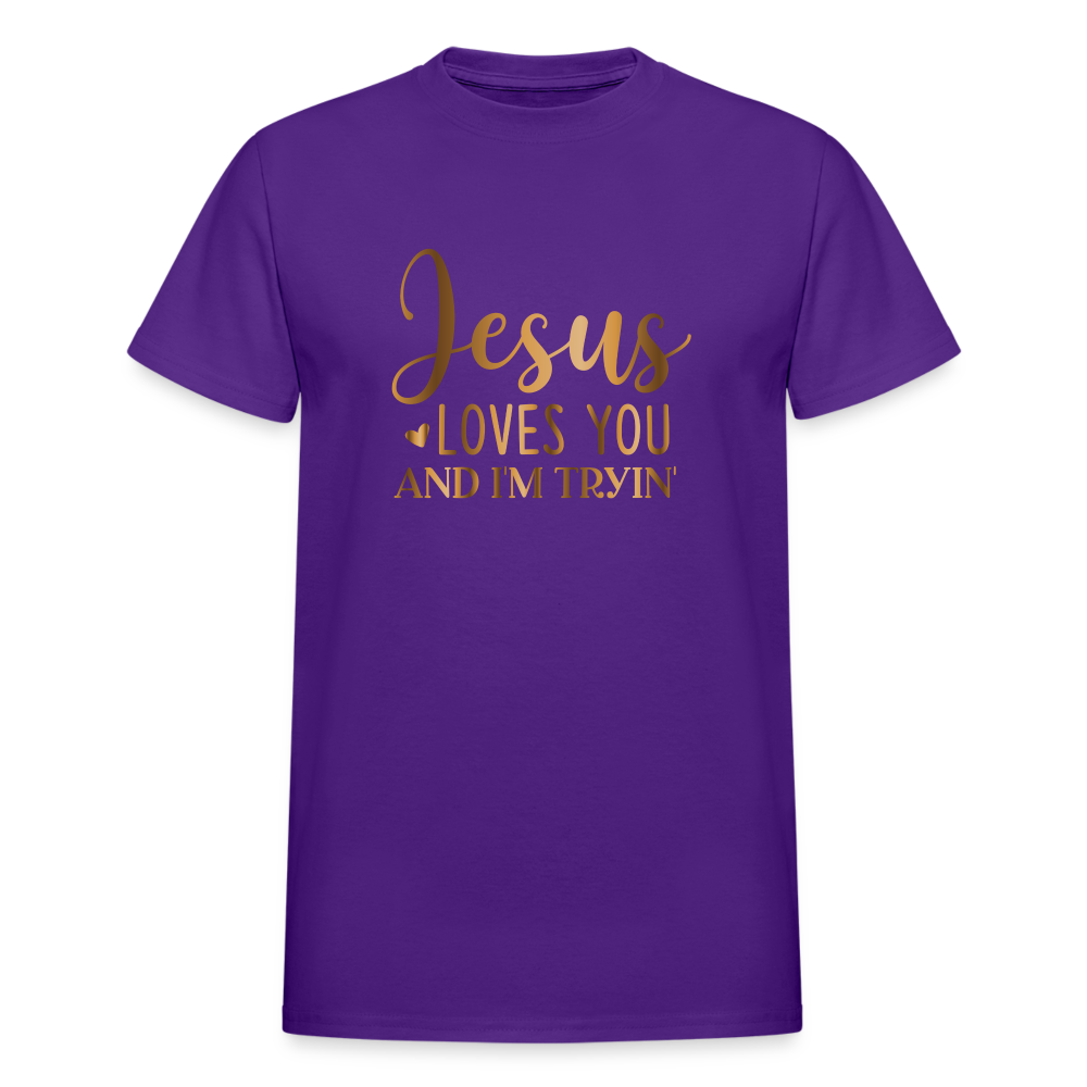 Jesus Loves You & I'm Tryin Unisex T-Shirt - purple